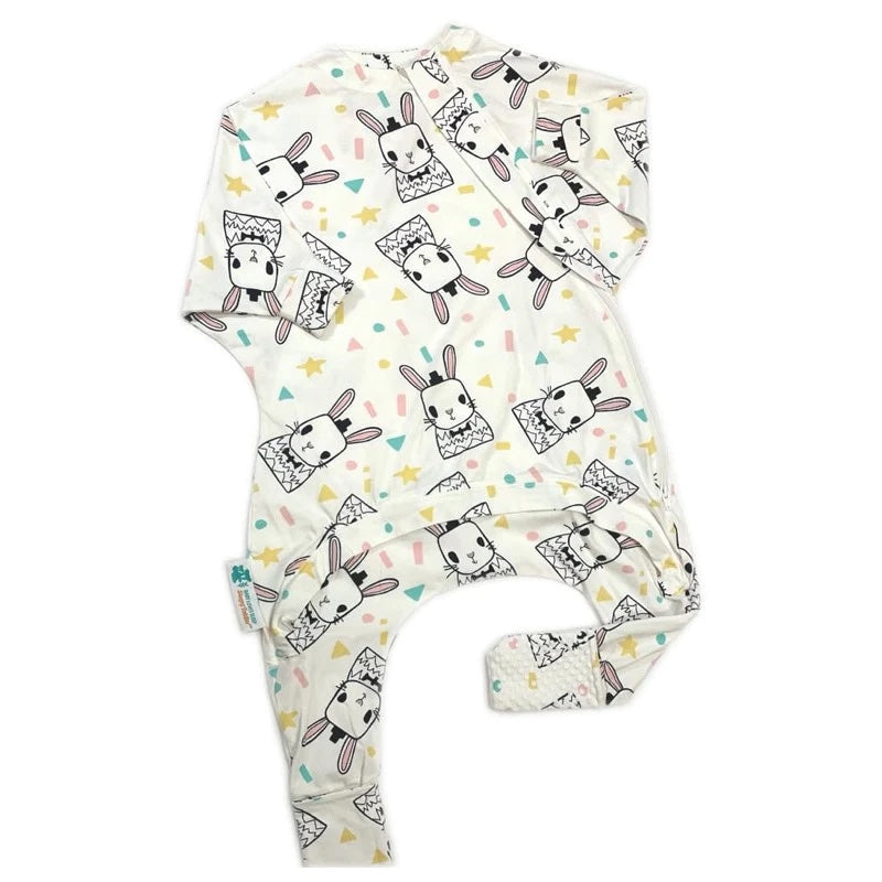 Toddler onesie pyjamas with rabbit pattern and zipper access for easy diaper changing