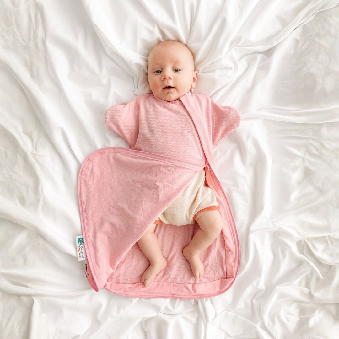 Summer baby sleep sack for swaddle transitioning, safe for rolling, colour candy pink