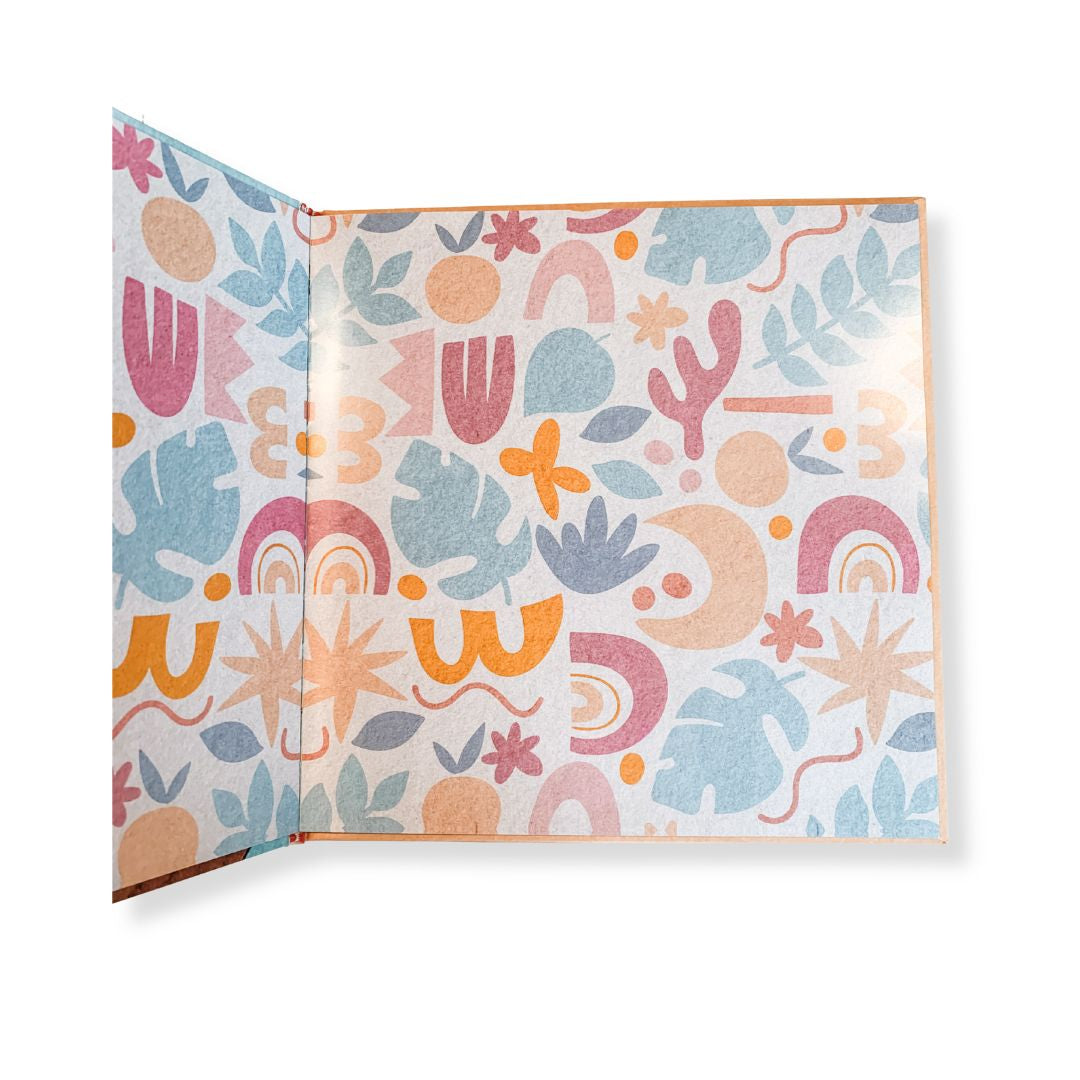 Inside the cover of 'Koko's Missing Blankie' with colourful abstract patterns