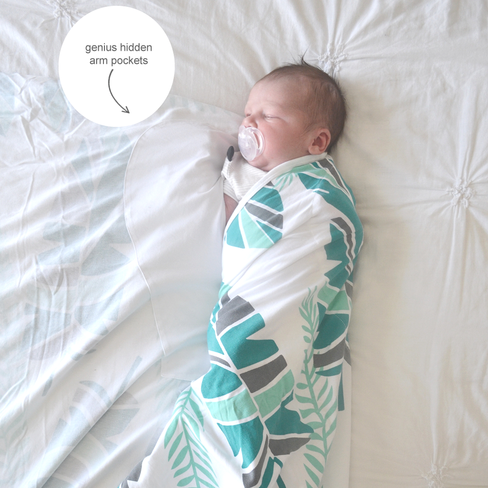 Koala Hugs newborn swaddle blanket wrap features clever pockets inside that gently cocoon your baby’s arms to keep them securely inside the swaddle wrap.