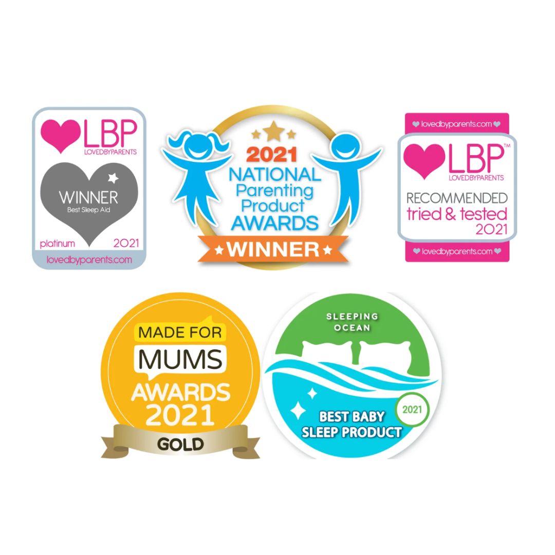 Five award badges for Loved by Parents products, including LBP Longevity Awards 2021, National Parenting Product Awards Winner 2021, Recommended Tried & Tested 2021, Made for Mums Awards 2021 Gold, and Best Baby Sleep Product 2021.