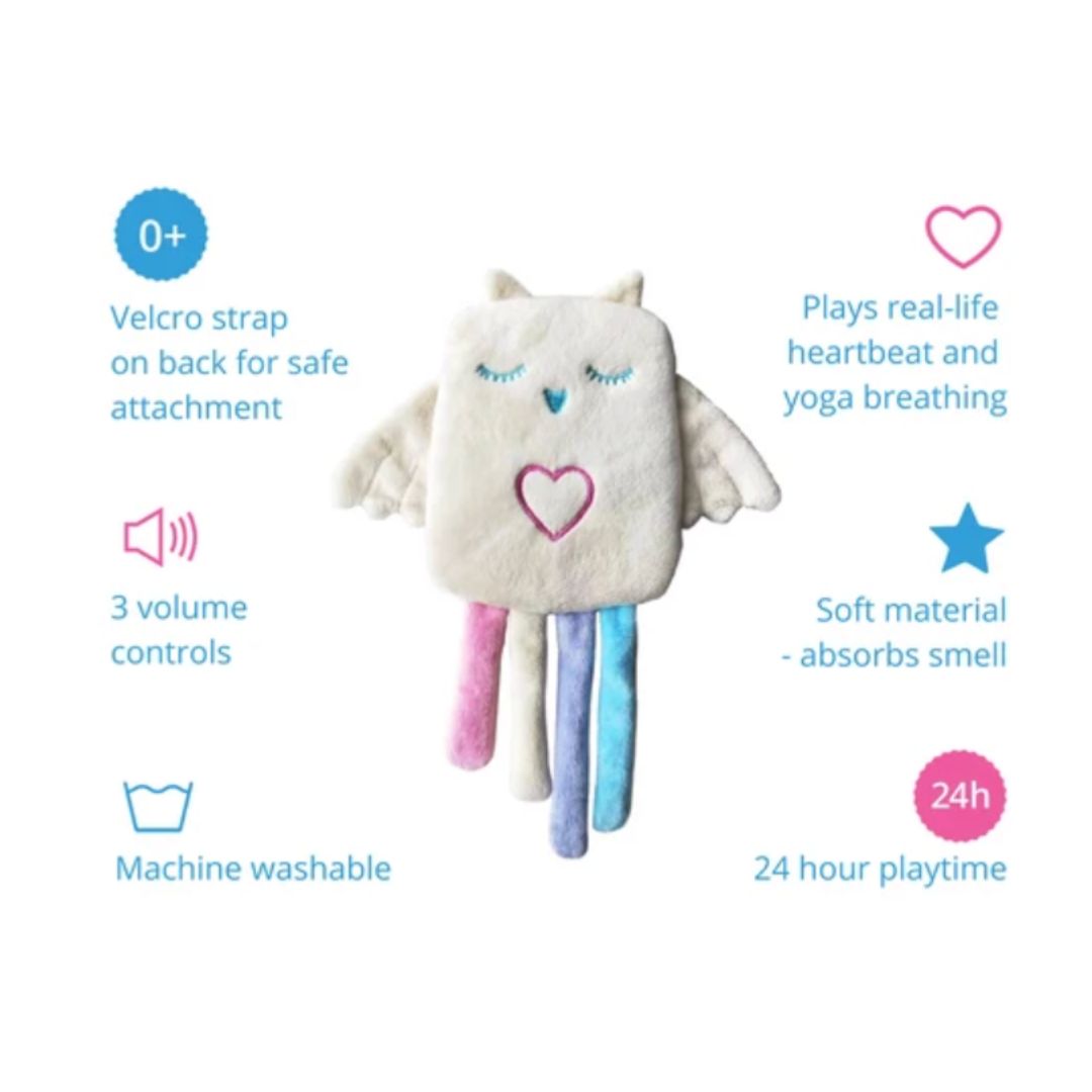 A plush owl with a cream-colored body, embroidered eyes and heart, with pastel pink, purple, and blue legs. The image is surrounded by feature callouts on a white background.