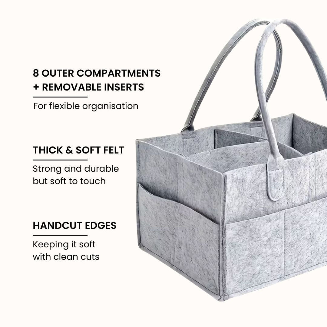 Light grey felt nappy storage caddy with handles with features
