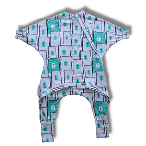 Toddler sleep onesie pajama with mint bear pattern with zipper access for easy diaper changes