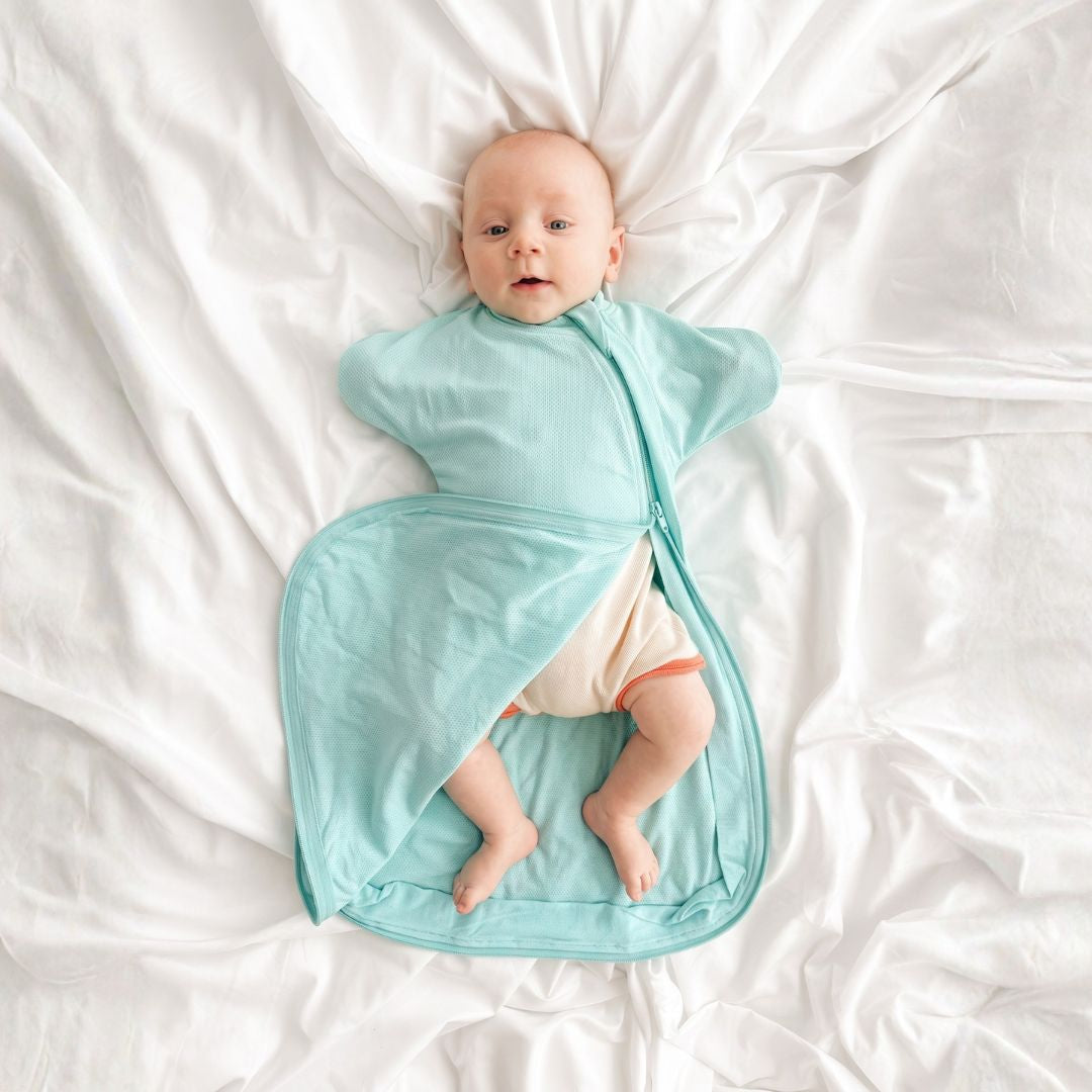 Summer baby sleep sack for swaddle transitioning, safe for rolling, colour cool mint