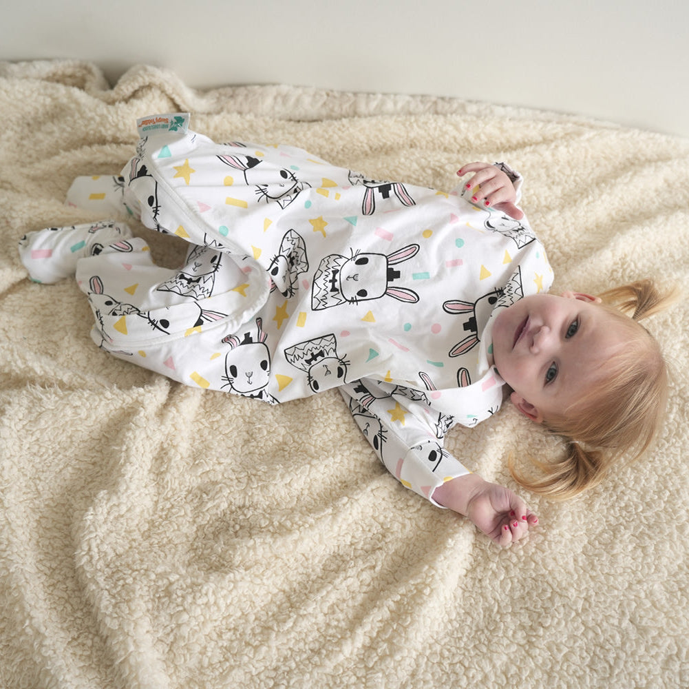 Sleepy toddler onesie pyjamas with rabbit pattern and zipper access for easy diaper changing