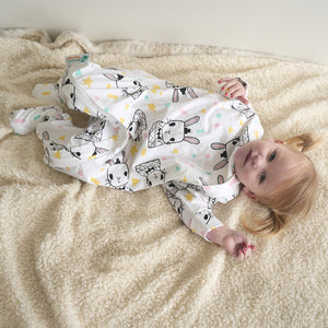 Sleepy toddler onesie pyjamas with rabbit pattern and zipper access for easy diaper changing