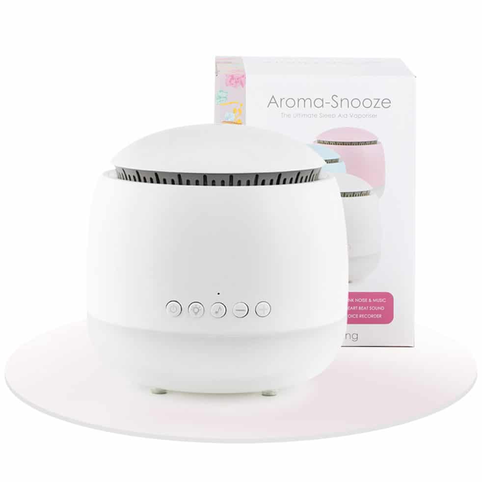 A white aroma diffuser and multi-function baby sleep aid device with control buttons.